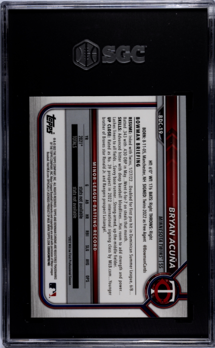 2022 Bowman Draft Sapphire #BDC-19 Bryan Acuna Chr. SGC 9.5 — Back