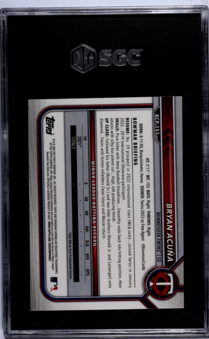 2022 Bowman Chrome #BCP-151 Bryan Acuna Prospect SGC 9.5 — Back