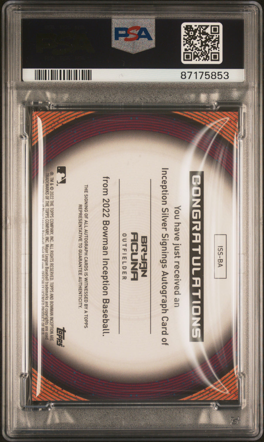 2022 Bowman Inception Inception Silver Signings #BA Bryan Acuna PSA 10-10 — Back