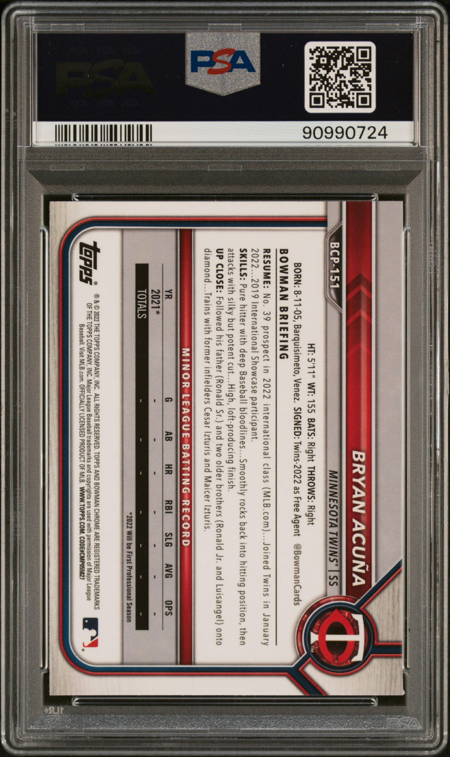 2022 Bowman Chrome Prospects #BCP151 Bryan Acuna Prospects PSA 8 — Back