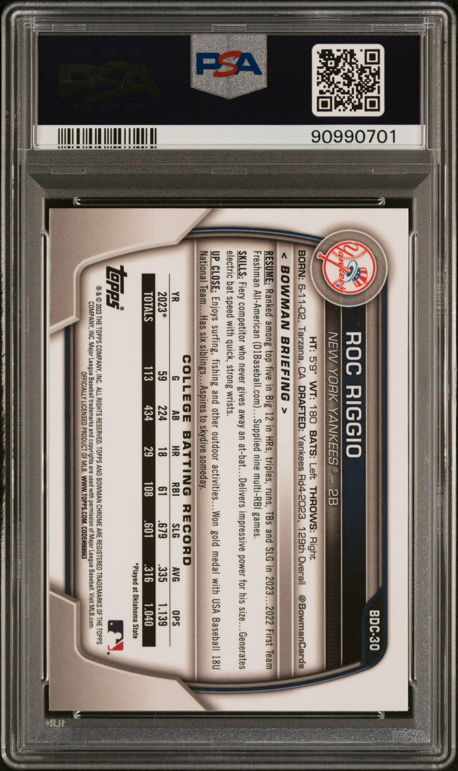 2023 Bowman Draft #BDC30 Roc Riggio Chrome PSA 10 — Back