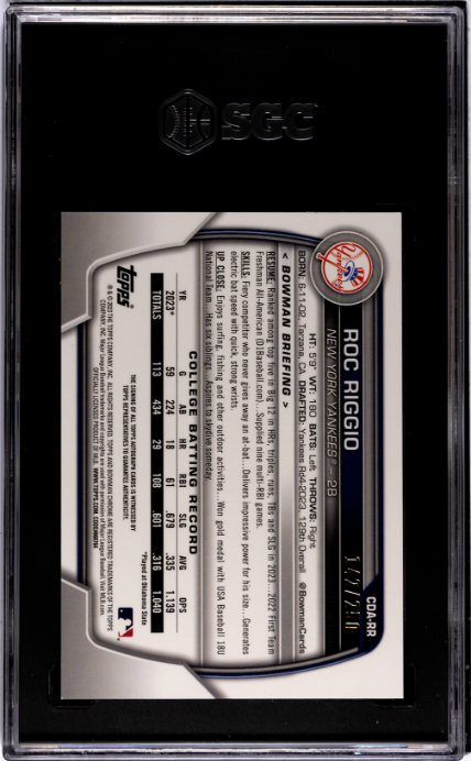 2023 Bowman Draft #CDA-RR Roc Riggio Chrome Prospect Purple Ref. SGC 10-10 — Back