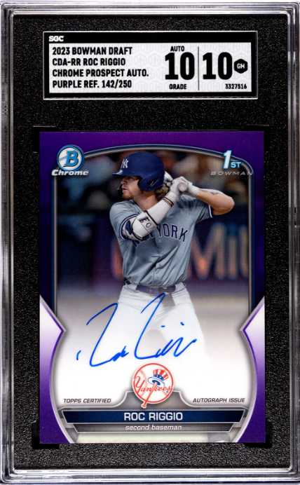 2023 Bowman Draft #CDA-RR Roc Riggio Chrome Prospect Purple Ref. SGC 10-10 — Front