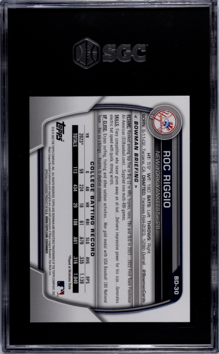2023 Bowman Draft #BD-30 Roc Riggio SGC 10 — Back