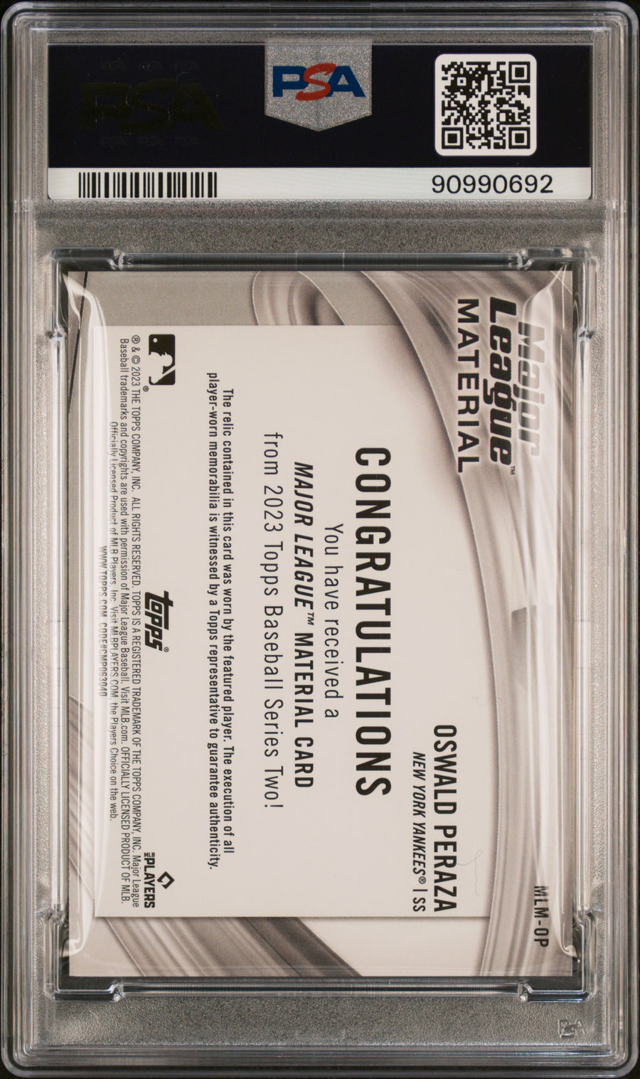 2023 Topps Major League Material Relics #MLMOP Oswald Peraza RPA PSA 10 — Back