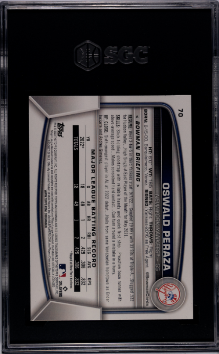 2023 Bowman #70 Oswald Peraza SGC RC 8.5 — Back