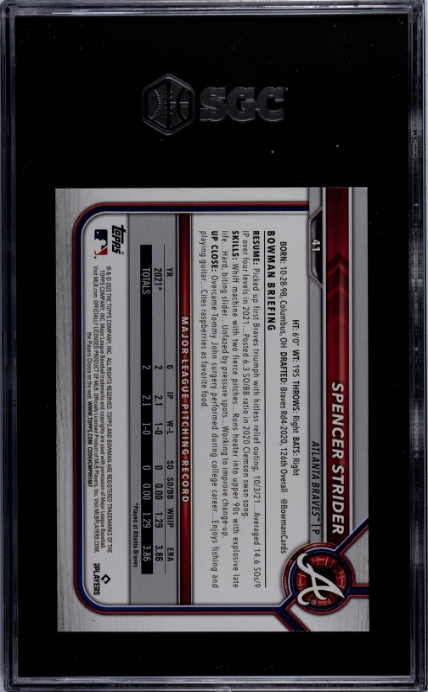 2022 Bowman #41 Spencer Strider RC SGC 10 — Back