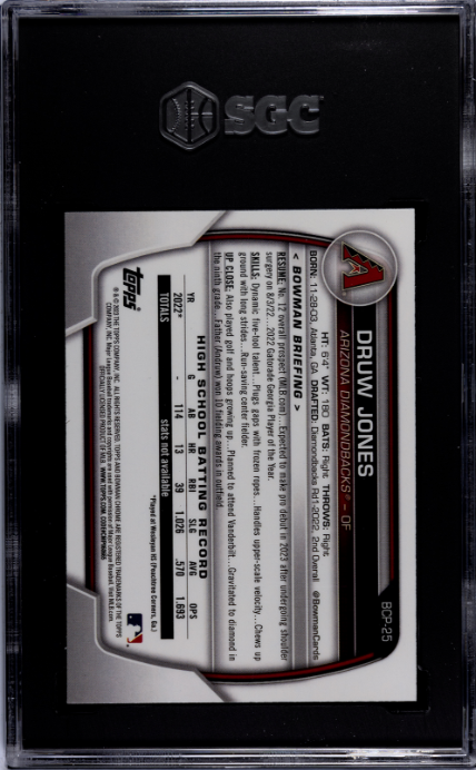 2023 Bowman #BCP-25 Druw Jones Chrome Prospect SGC 10 — Back