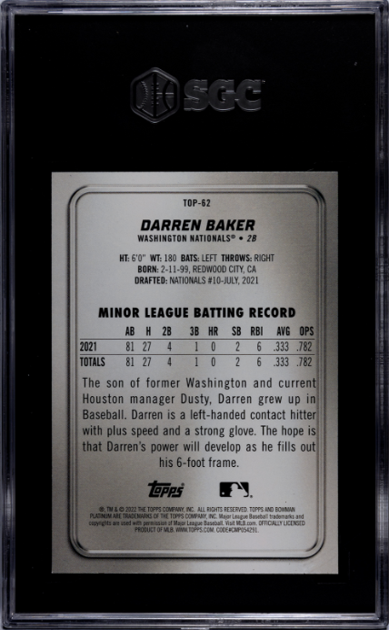2022 Bowman Platinum #TOP-62 Darren Baker Top Prospects SGC 10 — Back