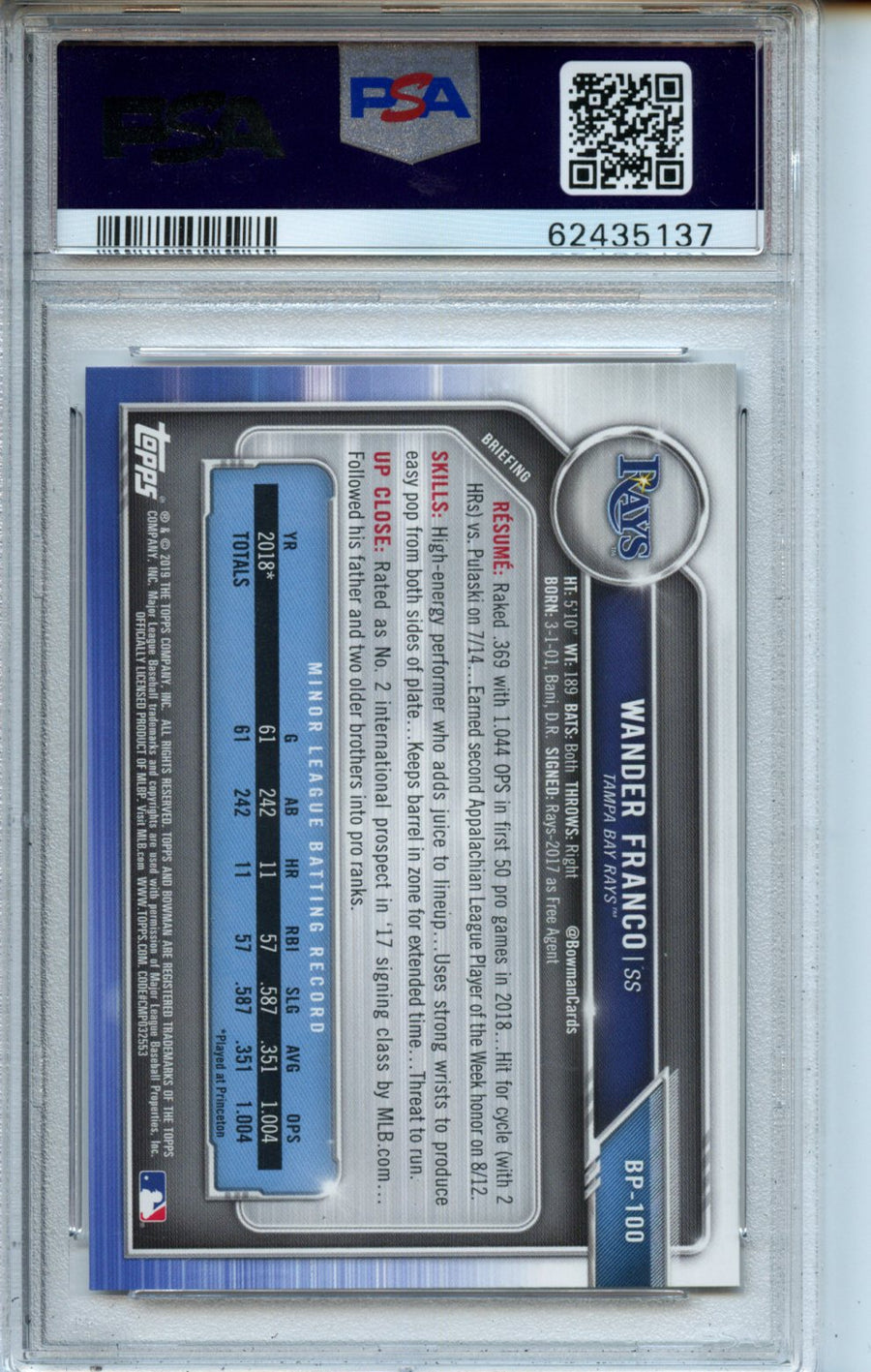 2019 Bowman Paper Prospects #BP100 Wander Franco Paper Prospects PSA 10 — Back