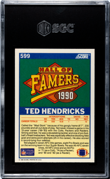 1990 Score #599 Ted Hendricks Hall Of Famer SGC 9.5 — Back