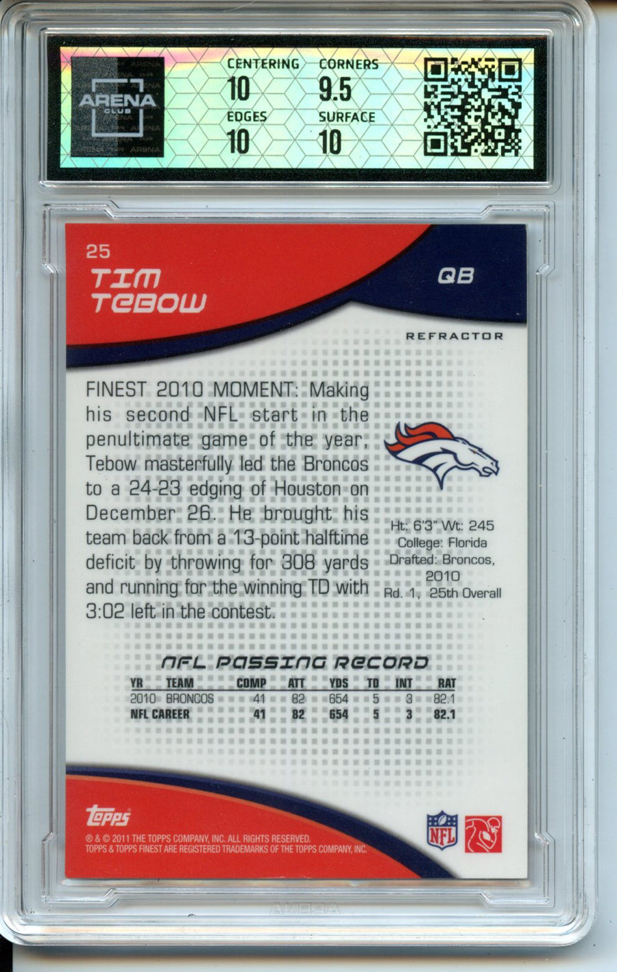 2011 Finest #25 Tim Tebow Xfractors Arena Club 10 — Back
