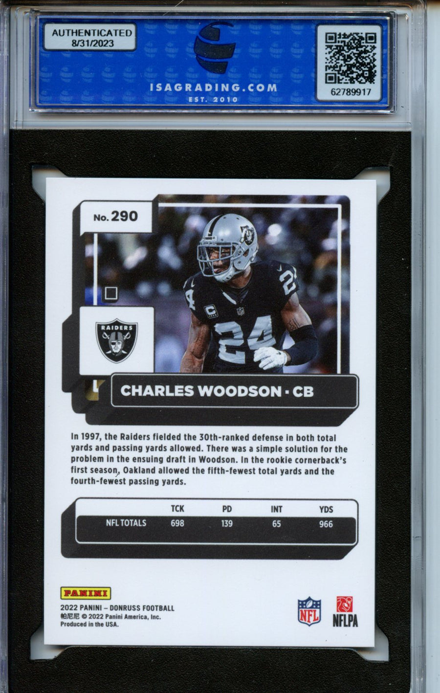 2022 Donruss #290 Charles Woodson Premium Press Proof ISA 10 — Back