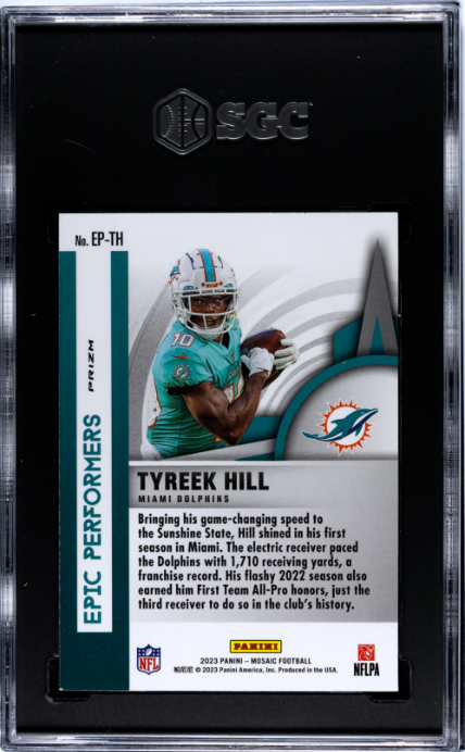 2023 Panini Mosaic #EP-TH Tyreek Hill Epic Performers Green Prizm SGC 9.5 — Back