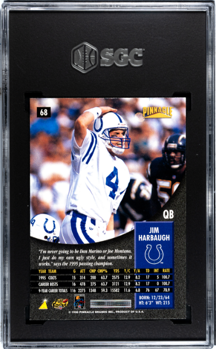 1996 Pinnacle #68 Jim Harbaugh SGC 9 — Back