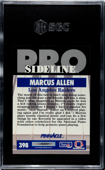 1991 Pinnacle #398 Marcus Allen Pro Sideline SGC 9 — Back