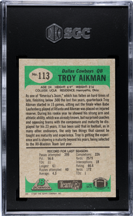 1991 Bowman #113 Troy Aikman SGC 9 — Back