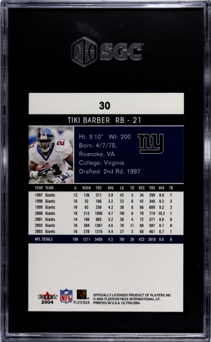 2004 Fleer Ultra #30 Tiki Barber SGC 9 — Back