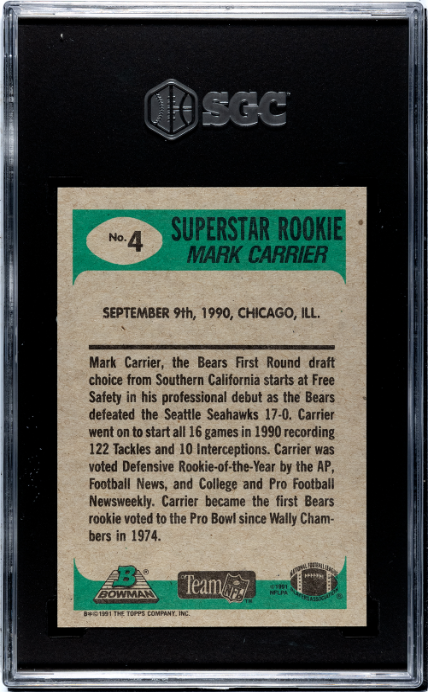 1991 Bowman #4 Mark Carrier SGC 9 — Back