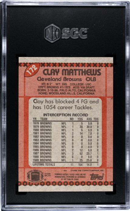 1990 Topps #172 Clay Matthews Disclaimer Back SGC 8.5 — Back
