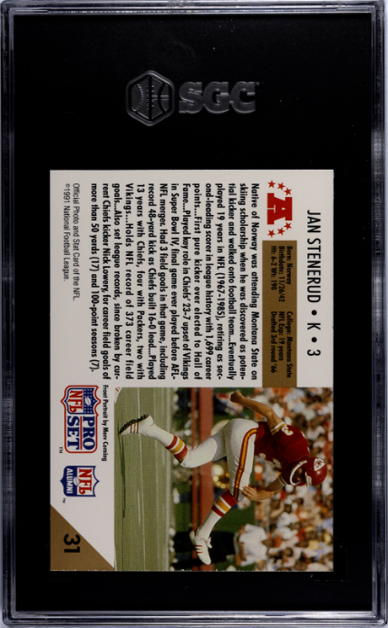 1991 Pro Set #31 Jan Stenerud SGC 8.5 — Back