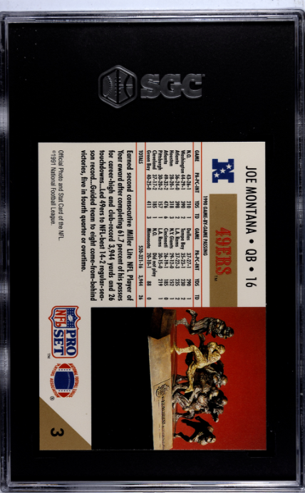 1991 Pro Set #3 Joe Montana Player Of The Year SGC 8 — Back