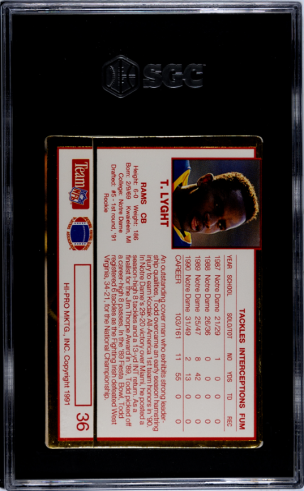 1991 Action Packed Update #36 Todd Lyght SGC 8 — Back
