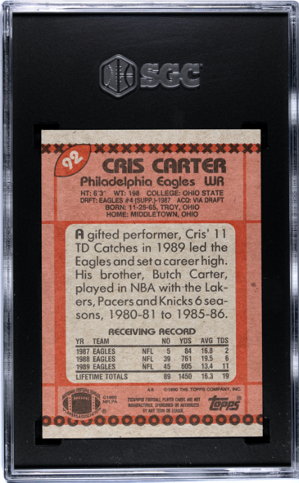 1990 Topps #92 Cris Carter SGC 8 — Back