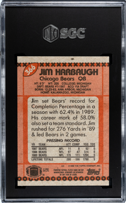 1990 Topps #366 Jim Harbaugh Disclaimer Back SGC 7 — Back