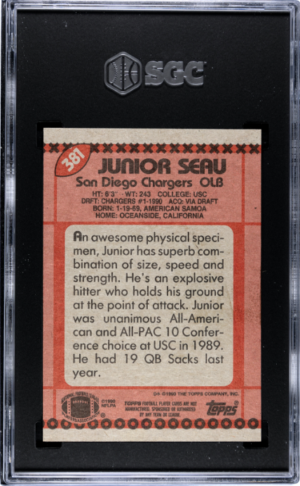 1990 Topps #381 Junior Seau Disclaimer Back SGC 7 — Back