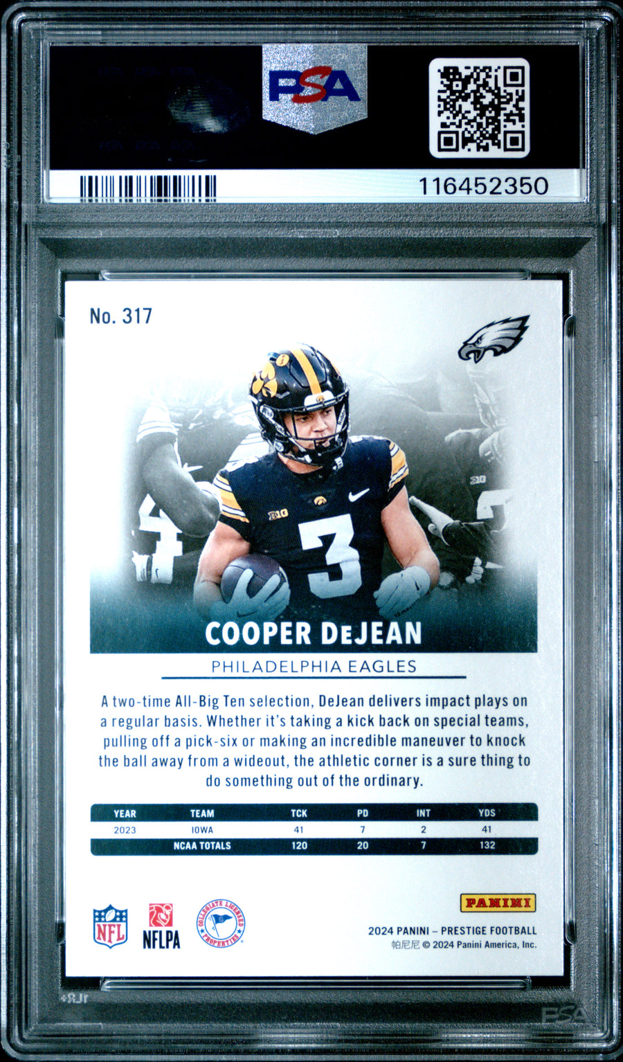 2024 Panini Prestige #317 Cooper Dejean RC PSA 10 — Back