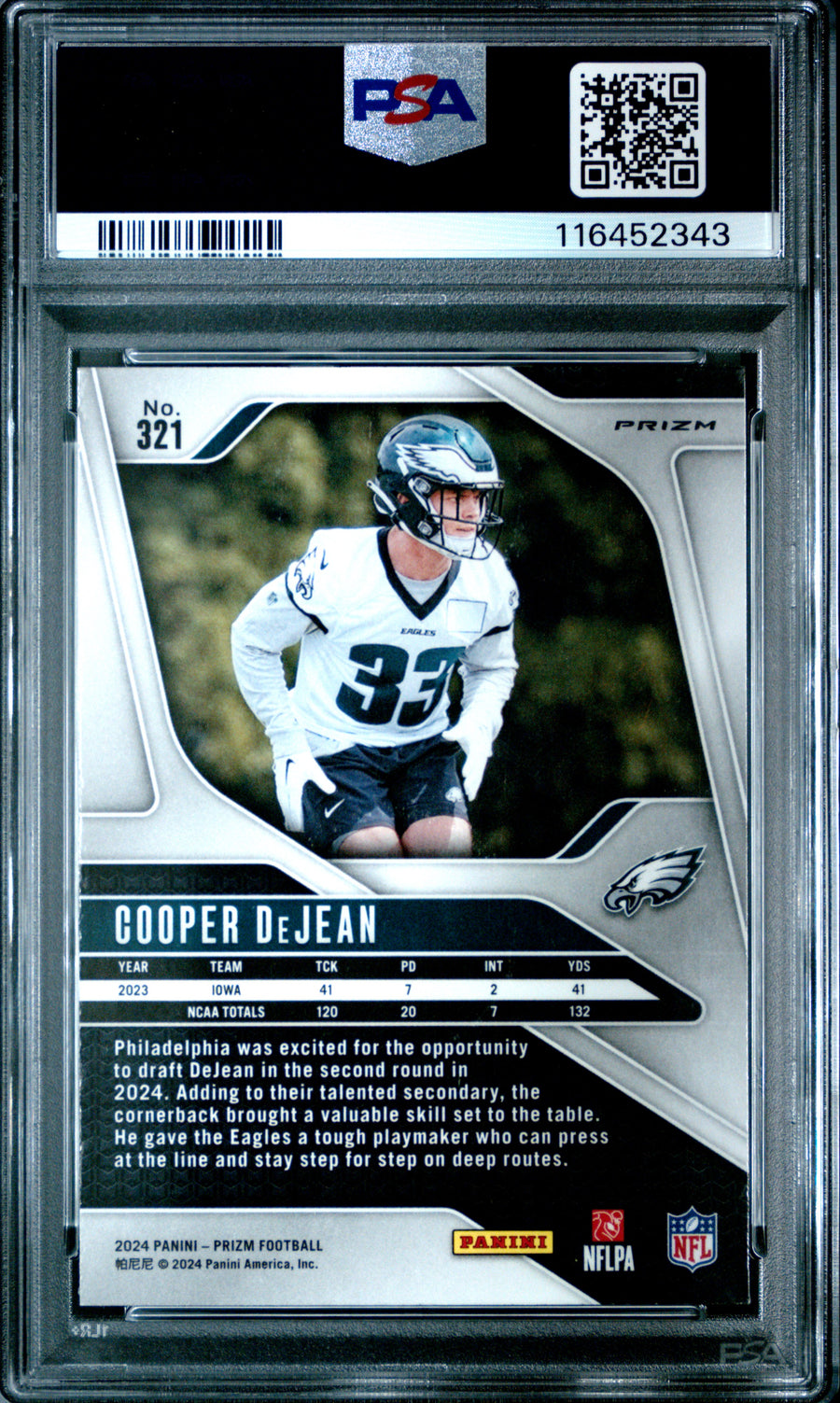 2024 Panini Prizm #321 Cooper Dejean Green Wave RC PSA 9 — Back