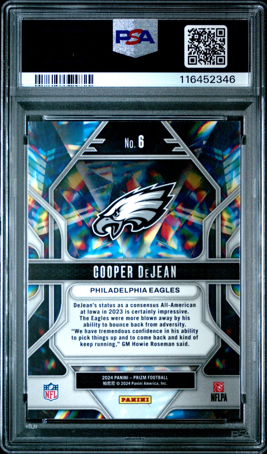 2024 Panini Prizm Prizmatic #6 Cooper Dejean RC PSA 8 — Back