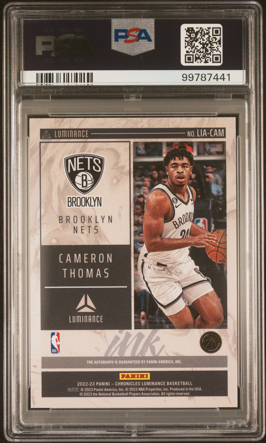 2022 Panini Chronicles Luminance Ink Autographs #LIACAM Cameron Thomas RC PSA 10-10 — Back