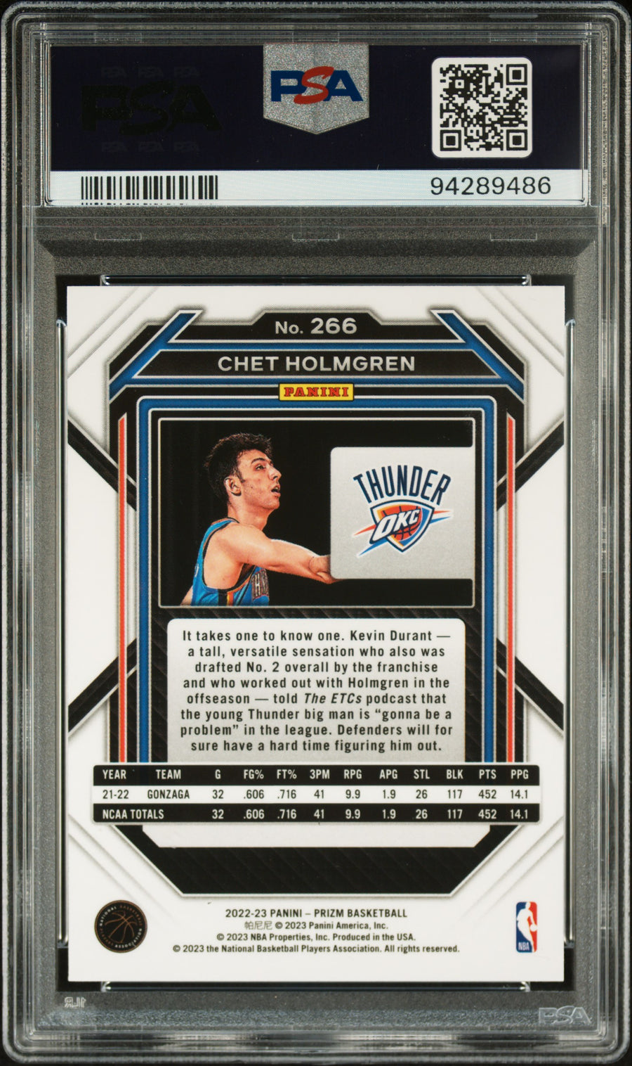 2022 Panini Prizm #266 Chet Holmgren RC PSA 9 — Back