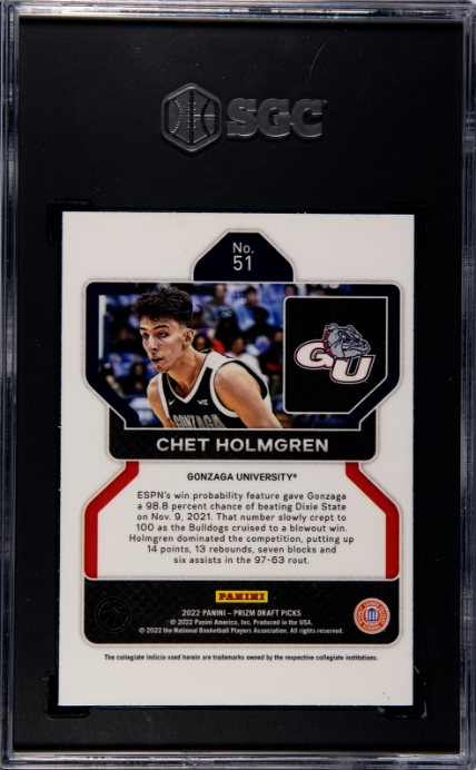 2022-23 Panini Prizm Draft Picks #51 Chet Holmgren RC SGC 8.5 — Back