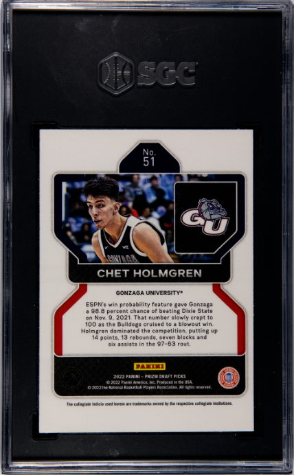 2022-23 Panini Prizm Draft Picks #51 Chet Holmgren RC SGC 8 — Back
