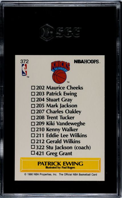 1990-91 Nba Hoops #372 Patrick Ewing Team Checklist SGC 9 — Back