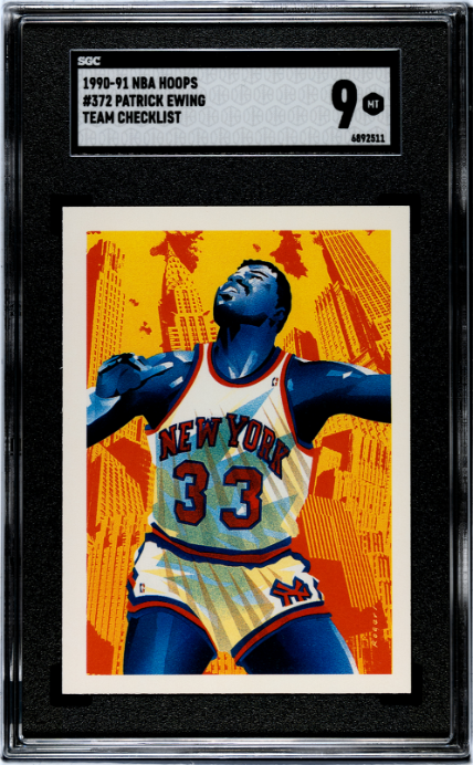 1990-91 Nba Hoops #372 Patrick Ewing Team Checklist SGC 9 — Front
