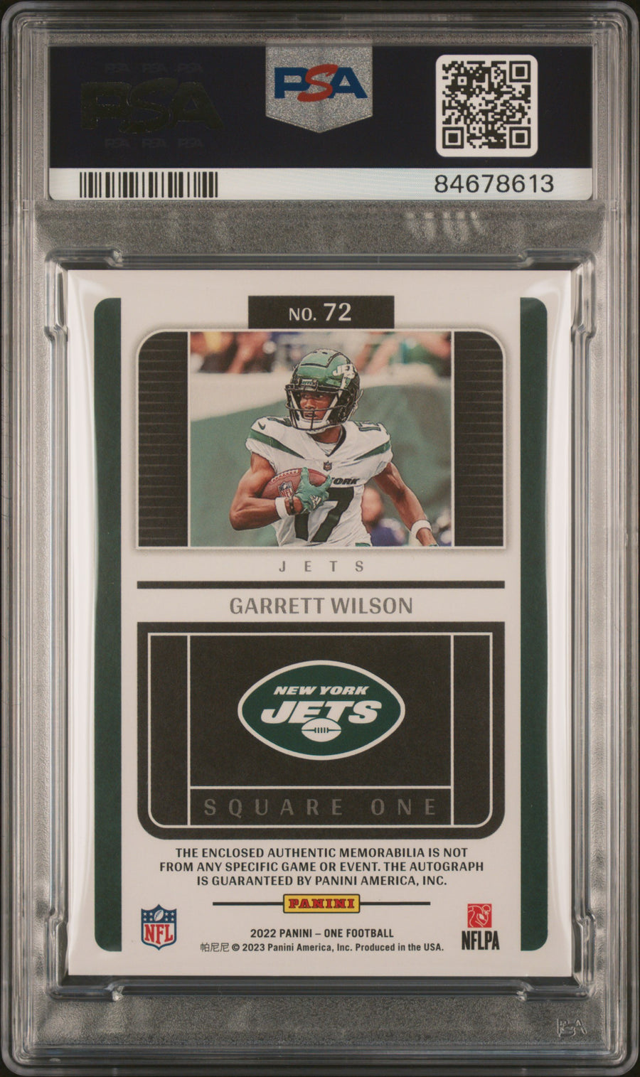 2022 Panini One #72 Garrett Wilson Square One RPA PSA 10 — Back