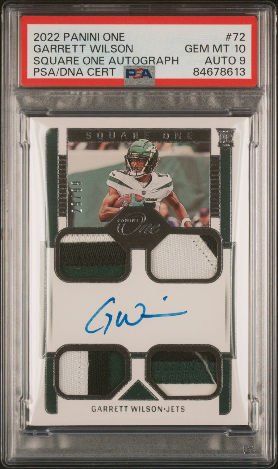 2022 Panini One #72 Garrett Wilson Square One RPA PSA 10 — Front