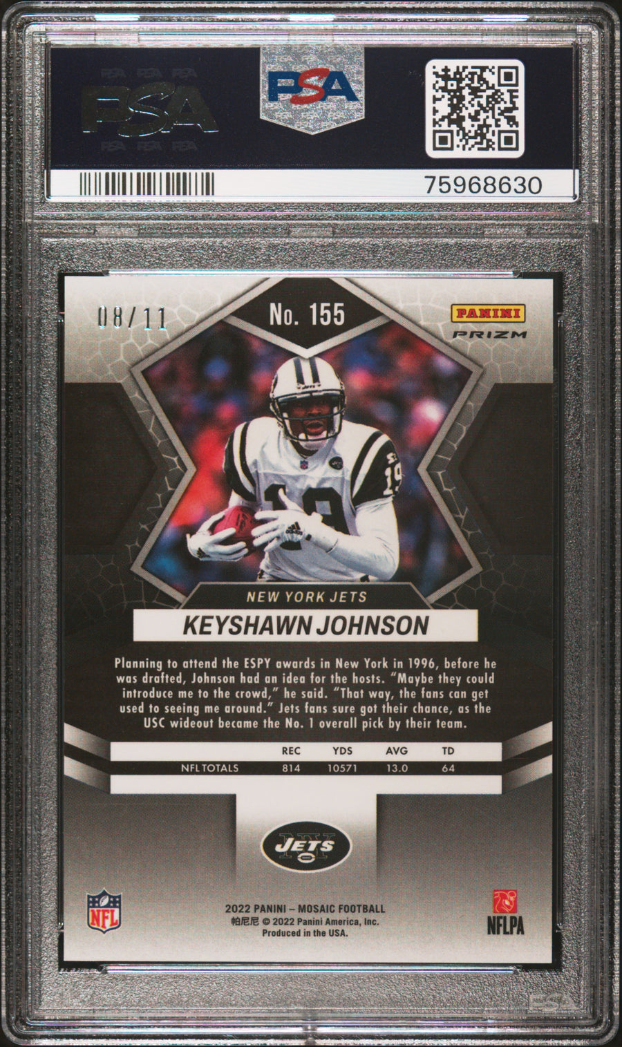 2022 Panini Mosaic #155 Keyshawn Johnson Green Swirl PSA 10 — Back