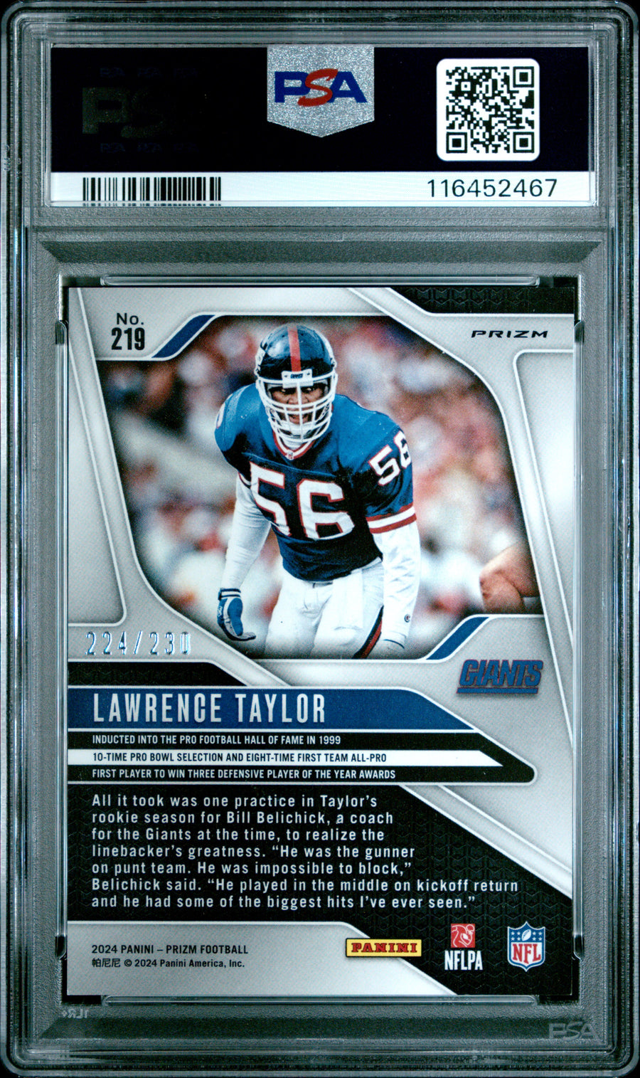 2024 Panini Prizm #219 Lawrence Taylor Blue Wave PSA 10 — Back