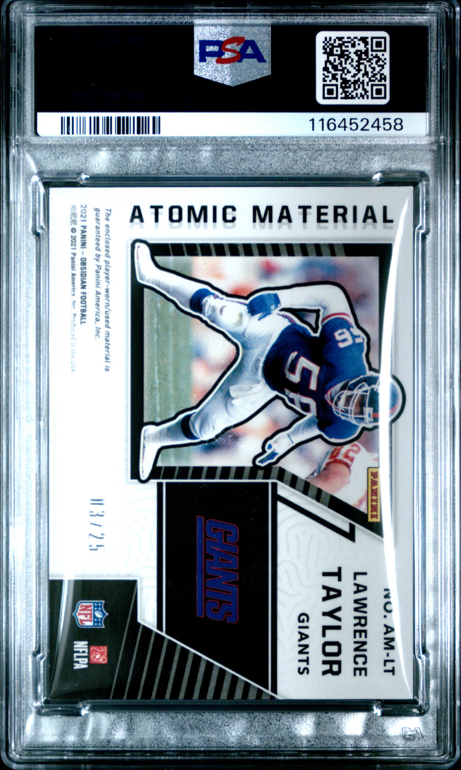 2021 Panini Obsidian #AMLT Lawrence Taylor Atomic Material Yellow PSA 9 — Back