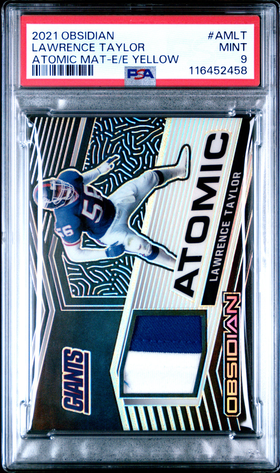 2021 Panini Obsidian #AMLT Lawrence Taylor Atomic Material Yellow PSA 9 — Front