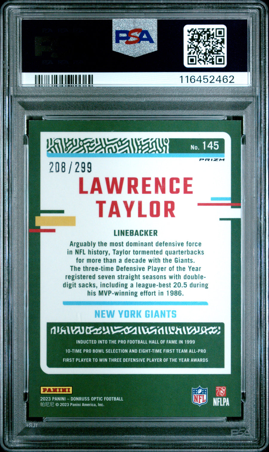 2023 Panini Donruss Optic #145 Lawrence Taylor Aqua PSA 9 — Back