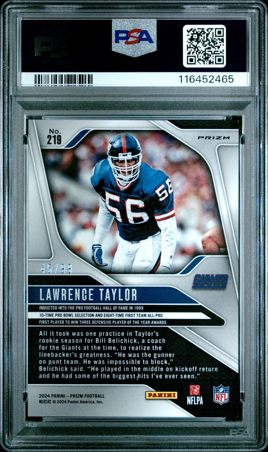 2024 Panini Prizm #219 Lawrence Taylor Blue Ice PSA 9 — Back