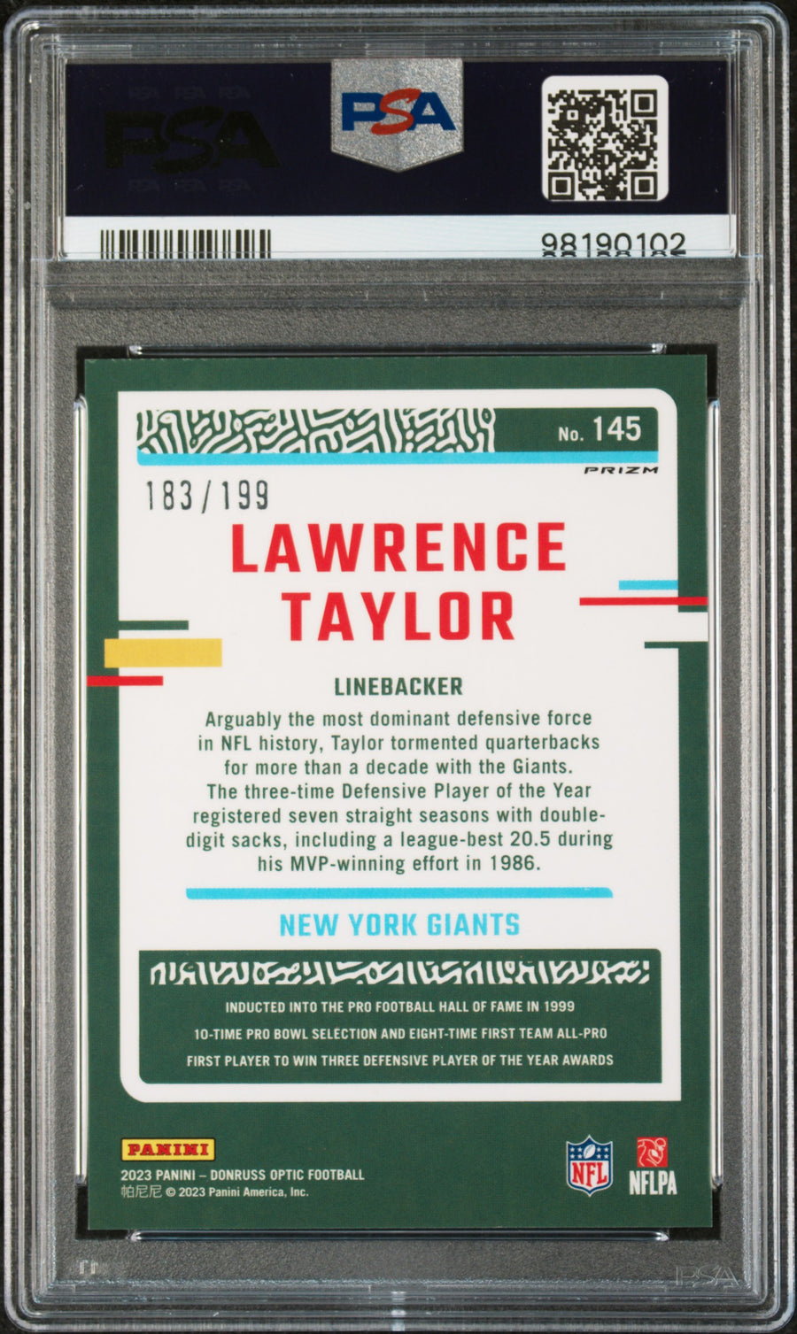 2023 Panini Donruss Optic #145 Lawrence Taylor Blue PSA 9 — Back