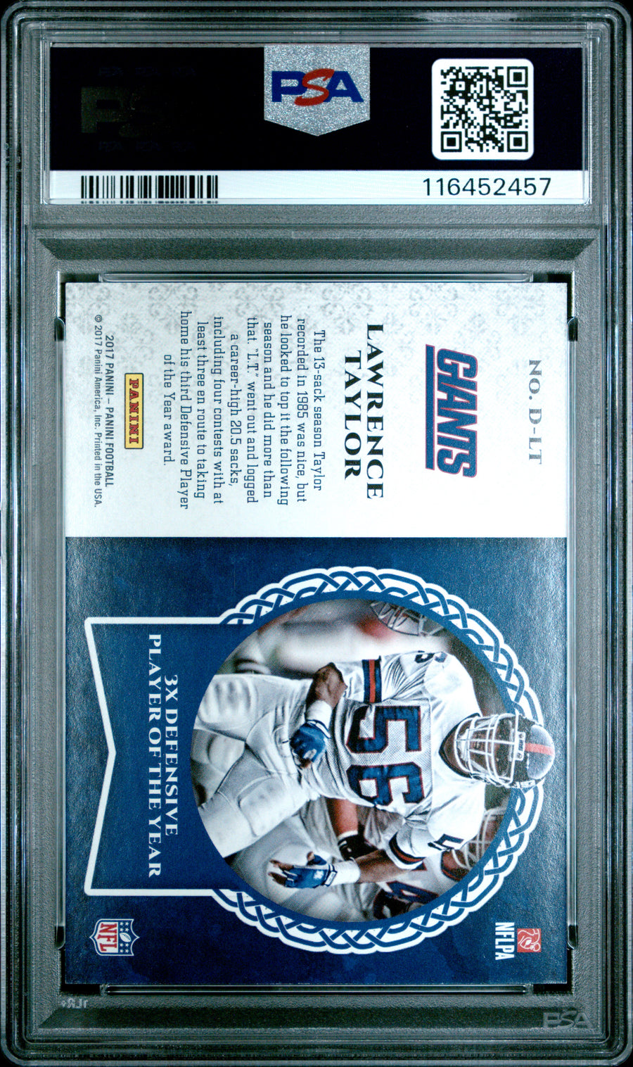 2017 Panini Decorated #D-LT Lawrence Taylor Decorated-Gold PSA 9 — Back