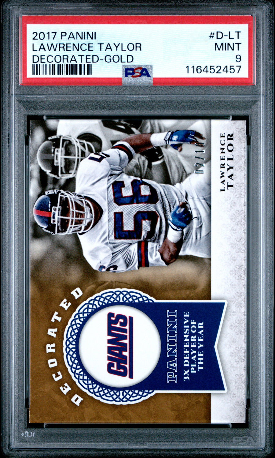 2017 Panini Decorated #D-LT Lawrence Taylor Decorated-Gold PSA 9 — Front